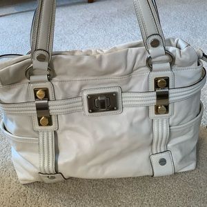 B. Makowsky White Soft Large Leather Shoulder Bag With Silver And Gold Hardware
